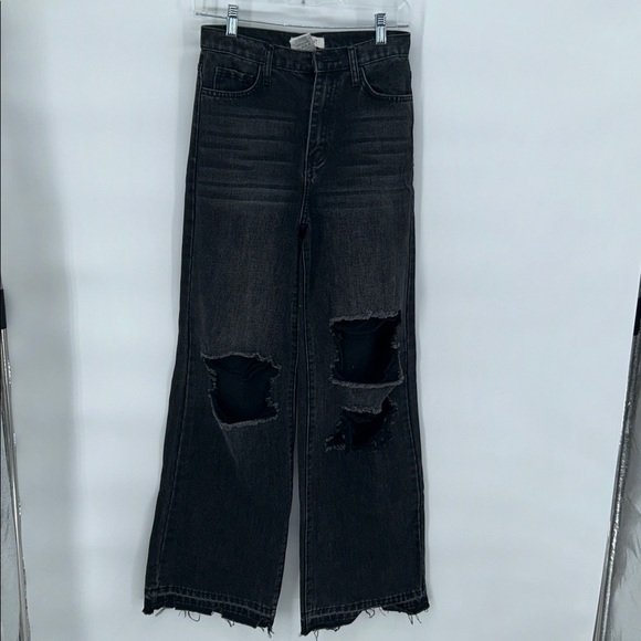 Vibrant M.I.U. Jeans Women's Juniors Size 1 Black Distressed High Rise Wide Leg - Picture 3 of 12